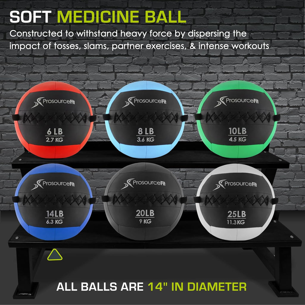 Prosource Soft Medicine Balls for Crossfit Wall Ball and Full Body Dynamic Exercises, Color-Coded Weights: 6, 8, 10, 14, 20, 25 Lb.